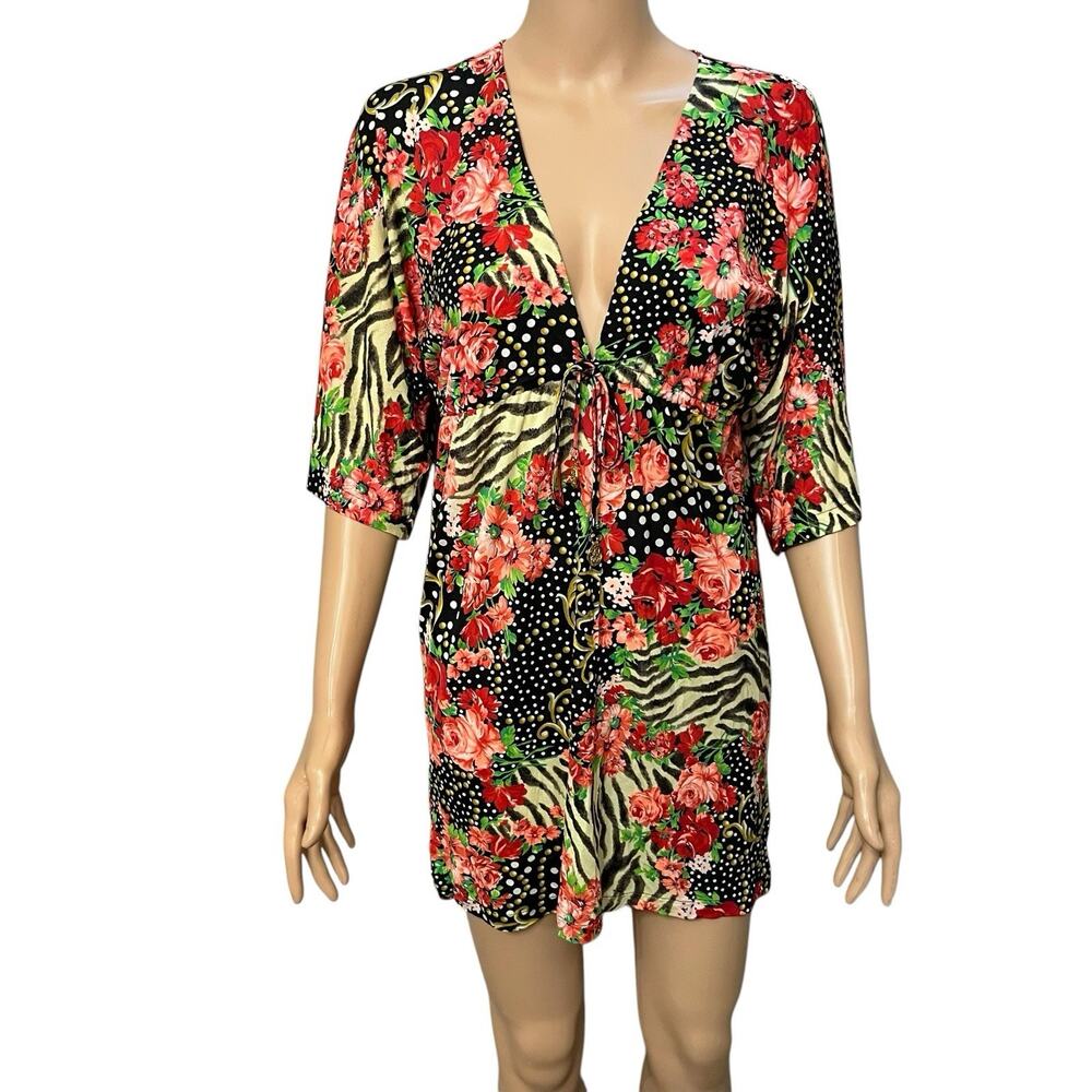 Luli Fama Swim Cover Up Dress Medium Mini Floral Colorful Beach Vacation Black